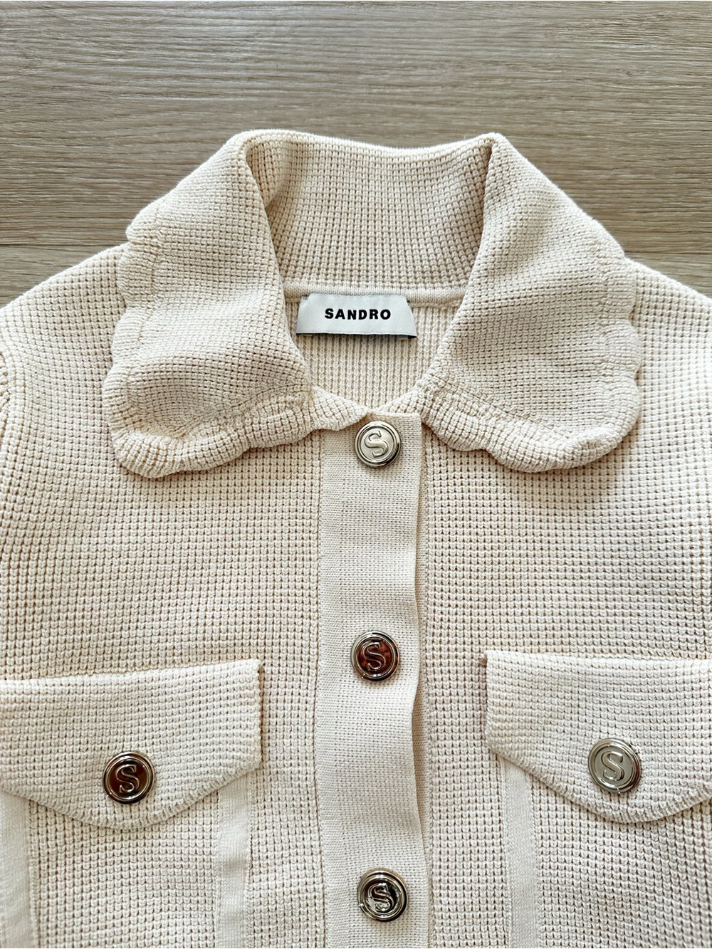 Sandro Paco Cardigan XS Ivory Waffle Knit Scalloped Collar - Picture 3 of 8